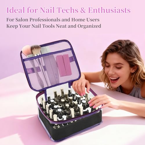 Clear Nail Polish Organizer,Holds 30 Bottles PVC Nail Polish Organizer Case Manicure Tools Nail Polish Storage Portable Nail Tech Travel Bag for Nail Supplies（Purple） - color: Purple