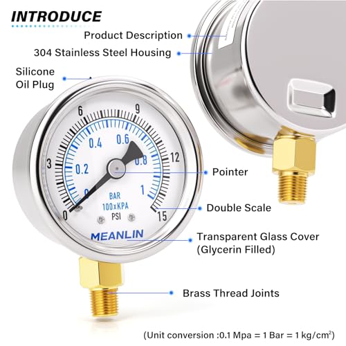 MEANLIN MEASURE 0~15Psi Dry Low Pressure Gauge Stainless Steel 1/" NPT 2" FACE DIAL Waterproof for Water Oil Air Well Pump Tank Tire Pressure Test Lower Mount, with 1/4" NPT and 3/8" NPT Hex Bushing - size: 0-15Psi