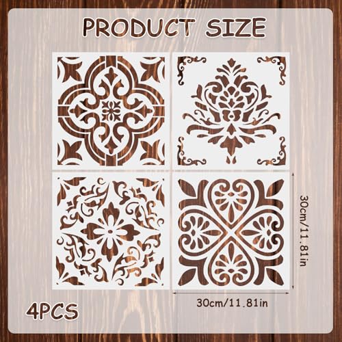 12 Inch Tile Stencils – 4 PCS Reusable Flower Pattern Templates for Wall Floor DIY Painting, Scrapbooks, Home Décor Projects