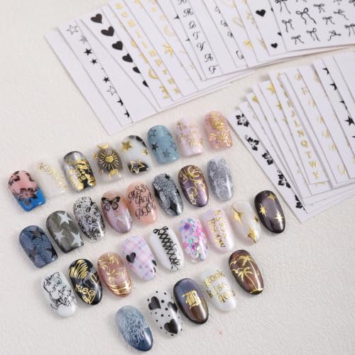 3D Nail Art Stickers Set, 30 Sheets Self-Adhesive Black White Gold Nail Decals Kit with Tweezers Star Heart Flower Letter Bow Design Supplies Accessories for Women DIY Manicure Decoration