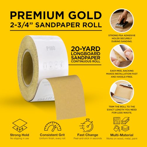 Dura-Gold Gold PSA Longboard Sandpaper, 180 Grit, 20 Yard Roll, 2-3/4" Wide - size: 180-Grit