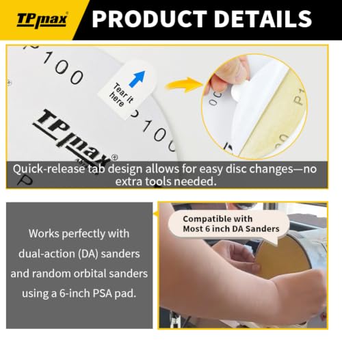 TPmax 6-Inch 220-Grit Gold PSA Sanding Discs, 50 Pack – Pro-Grade Self-Adhesive Stickyback Sandpaper with Quick-Release Tabs for DA Sander, Fine Automotive/Wood/Metal Sanding - style: 220 Grit