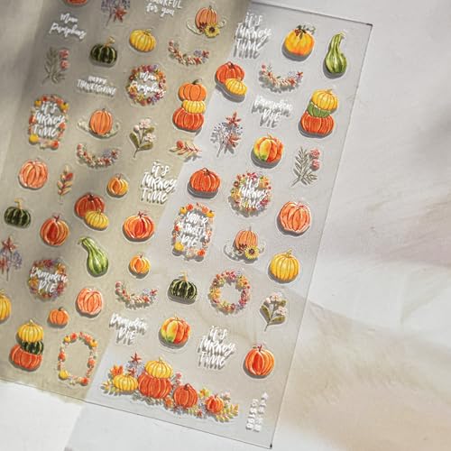 1 Sheet Pumpkin Nail Stickers Autumn Pumpkin Nail Decals 5D Embossed Pumpkins Nails Designs Thanksgiving Nails Decorations Garland Leaf Nail Art Stickers for Women DIY Manicure Supplies - color: Thanksgiving Pumpkin