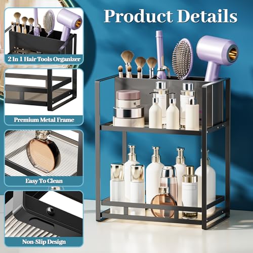 Bathroom Counter Organizer, Metal Vanity Shelf with Hair Dryer Holder - color: carbon black