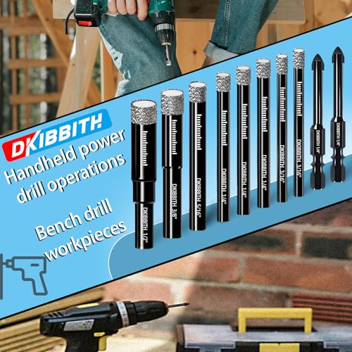 DKIBBITH 7 Pack Dry Diamond Drill Bits & Tile Drill Bits Set for Ceramic, Porcelain, Marble, Granite, Stone, Glass - Round Shank 3/16", 1/4"(x2), 5/16", 3/8", 1/2"+1 Pack Drill Bit 1/4" - size: 7 Pcs Diamond Drill Bit
