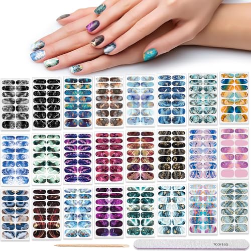 336PCS/24 Sheets Nail Polish Strips - Marble Gel Nail Stickers Full Nail Wraps UV Free | Easy to Stick | Adhesive Sticker Nails for Women with 1 File, 1 Cuticle Stick - color: Marble Series