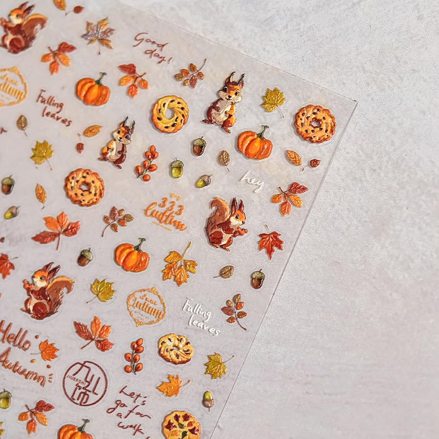 1 Sheet Fall Nail Stickers 5D Self Adhesive Maple Leaves Pumpkin Nail Decals 5D Embossed Autumn Thanksgiving Day Nut Fox Nail Design Biscuit Nails Supplies Fall Autumn Leaf Nail Sticker for Women - color: Pumpkin Maple Leaves