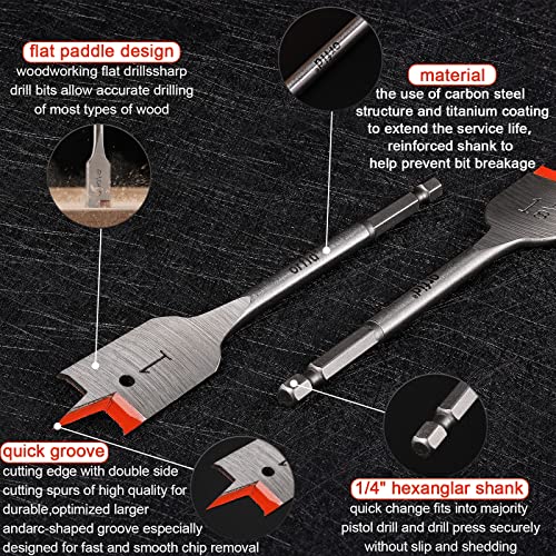 12 Pcs Spade Drill Bit Set - Carbon Steel Paddle Flat Bit with Quick Change Shank for Hole Cutter Woodworking,Portable Nylon Storage Pouch Included