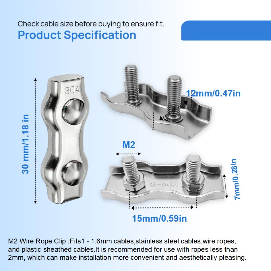 20PCS Double Rope Clamp,M2 Wire Rope Clamp - size: M2-2-20Pack