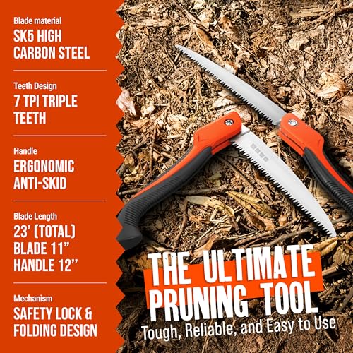 Folding Camping saw 9 Inch - Heavy Duty Pruning Saw with Triple-Cut SK5 Blade, 7 TPI Razor Teeth for Tree Trimming, Wood Cutting, Camping, Bushcraft, and Gardening - size: 9 INCH (Orange)