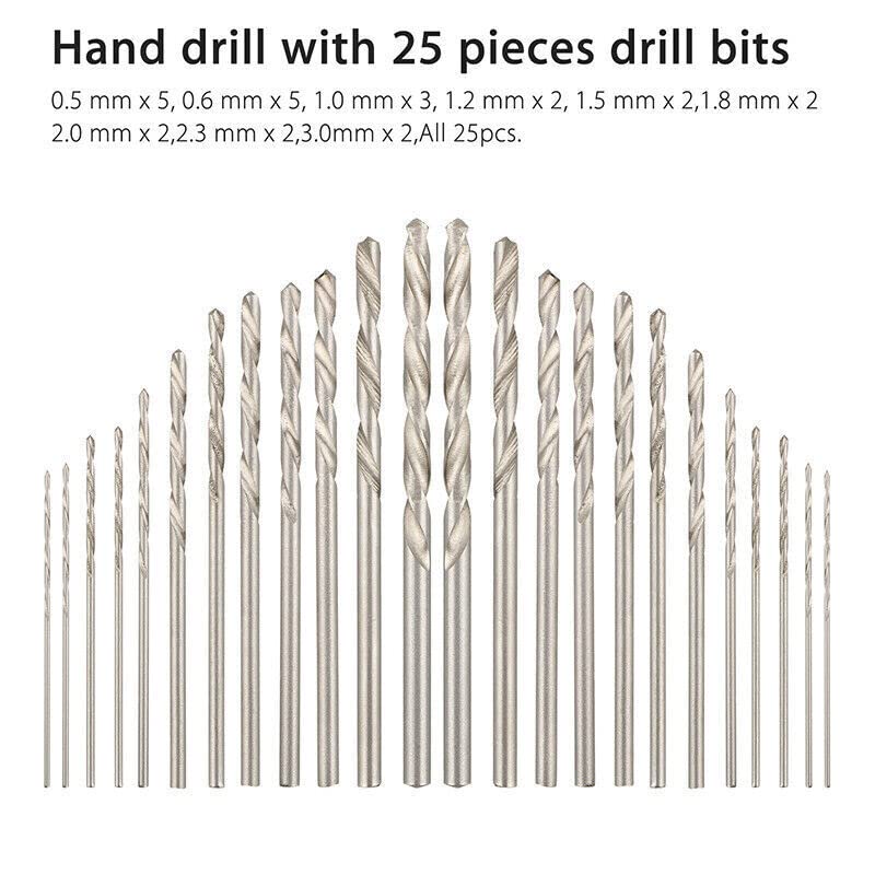 26Pcs Different Micro Sharp Head Hand Drill Bits, DIY Hand Drill Tools Manual Keyless Chuck Pin Vise Rotary Tool