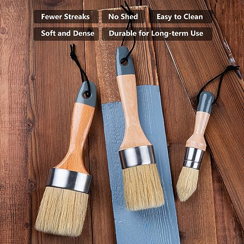 Mister Rui 3-Pack Chalk & Wax Paint Brushes Set, Round, Natural Bristle - size: 1.2"1.9"2.4"