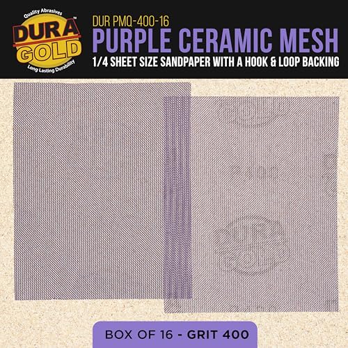 Dura-Gold 400 Grit 1/4 Sheet Size Purple Ceramic Mesh Sandpaper, Box of 16 - style: 400 Grit