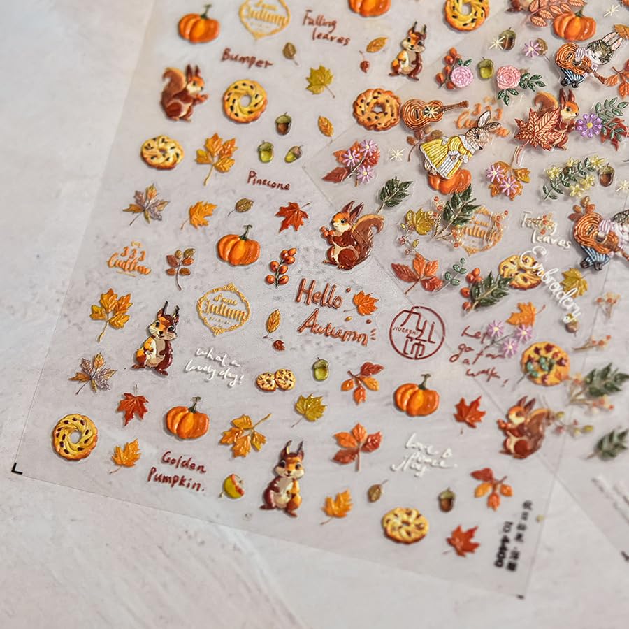 1 Sheet Fall Nail Stickers 5D Self Adhesive Maple Leaves Pumpkin Nail Decals 5D Embossed Autumn Thanksgiving Day Nut Fox Nail Design Biscuit Nails Supplies Fall Autumn Leaf Nail Sticker for Women - color: Pumpkin Maple Leaves