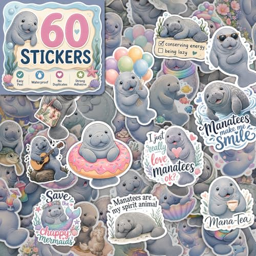 Vybonz Manatee Stickers Cute Sea Cow Marine Animal Decal Pack - color: Manatee