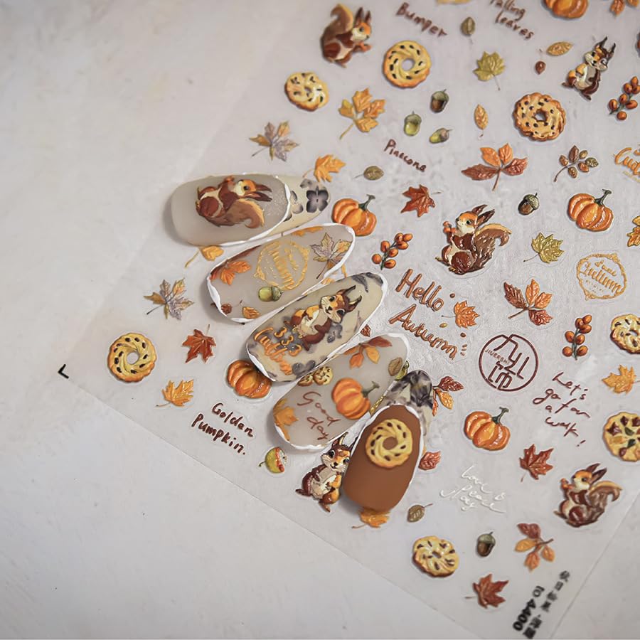 1 Sheet Fall Nail Stickers 5D Self Adhesive Maple Leaves Pumpkin Nail Decals 5D Embossed Autumn Thanksgiving Day Nut Fox Nail Design Biscuit Nails Supplies Fall Autumn Leaf Nail Sticker for Women - color: Pumpkin Maple Leaves