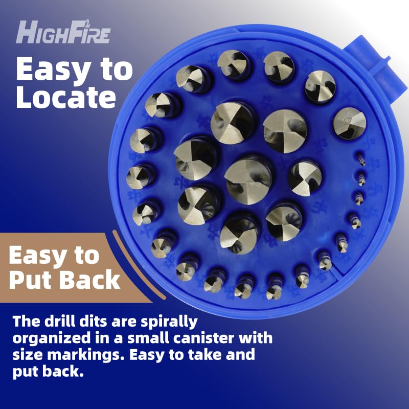 HIGHFIRE 29 PCS M35 Cobalt Drill Bit Set, HSS Twist Jobber Drill Bits with 135 Degrees Split Point and Three-Flat Shank, 3/8” Reduced Shank, Gold Oxide Metal Drill Bits Set (1/16” - 1/2” x 1/64”) - size: 1/16-1/2 in x 1/64 in M35 Cobalt (29 pcs)