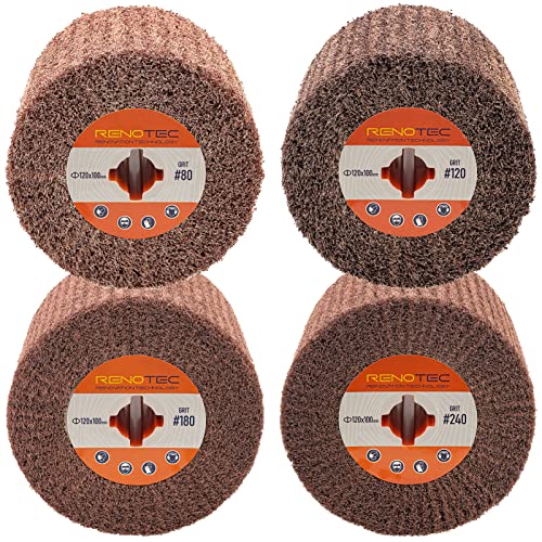 Non-Woven Wheel, 120x100mm, Italian Material, Wire Drawing Satin Finish of Metal Surface, Conditioning Drum Burnishing Wheel (80-240 Grit Set) - style: Assorted 4 Pack Grit 80-120-180-240