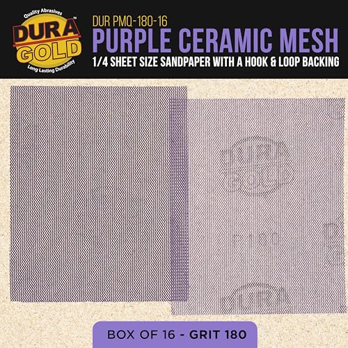 Dura-Gold 150 Grit 1/4 Sheet Size Purple Ceramic Mesh Sandpaper, Box of 16 - style: 180 Grit