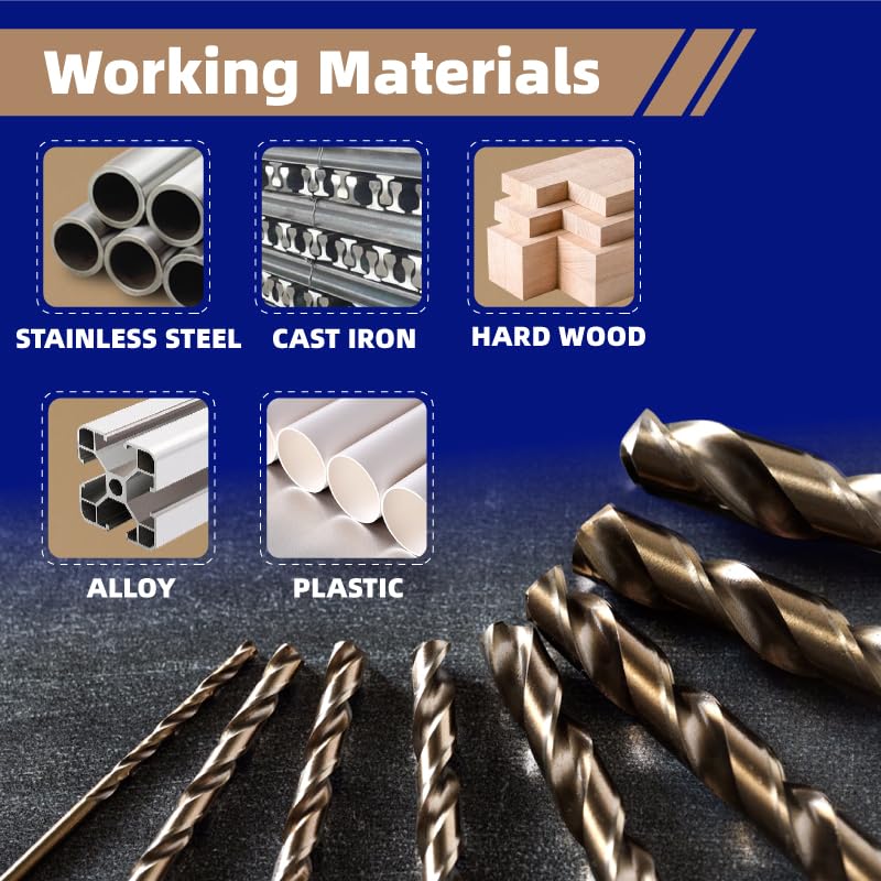 HIGHFIRE 29 PCS M35 Cobalt Drill Bit Set, HSS Twist Jobber Drill Bits with 135 Degrees Split Point and Three-Flat Shank, 3/8” Reduced Shank, Gold Oxide Metal Drill Bits Set (1/16” - 1/2” x 1/64”) - size: 1/16-1/2 in x 1/64 in M35 Cobalt (29 pcs)