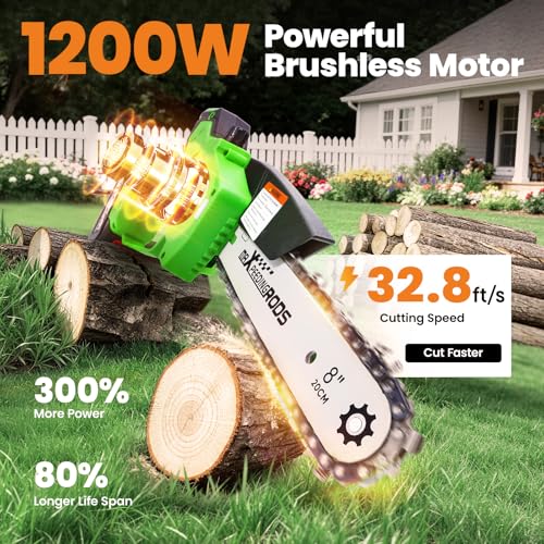 maXpeedingrods Electric Chainsaw Cordless, 8 Inch & 6 Inch Mini Chainsaw - color: Light Green 1 Battery 8 Inch