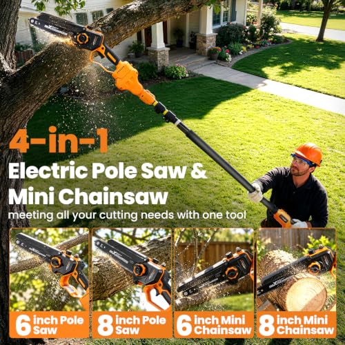 maXpeedingrods 4-In-1 Electric Pole Saws for Tree Trimming with 2×4.0Ah Batteries, 8 Inch & 6 Inch Mini Chainsaw Cordless with 15.7ft Reach, 180° Adjustable Angle Brushless Chainsaw with Chain Cover - color: Orange
