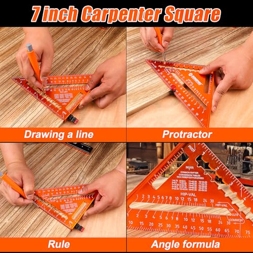 4Pcs Woodworking Tools -7''Aluminum Rafter Square,12''Adjustable Protractor Angle Finder,10'Woodworking Square Ruler and T-Bevel Gauge-1/16 Precision… - style: 4PCS