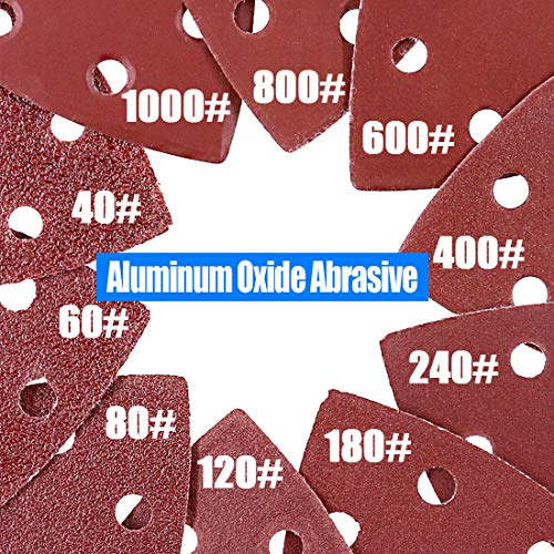 Glarks 50-Pieces 90mm / 3.5 Inch Triangle Mouse Detail Sander Sandpaper Sanding Paper Hook and Loop Assorted 40/60/80/120/180/240/400/600/800/1000 Grits for Random Orbital Sander(6 Holes)