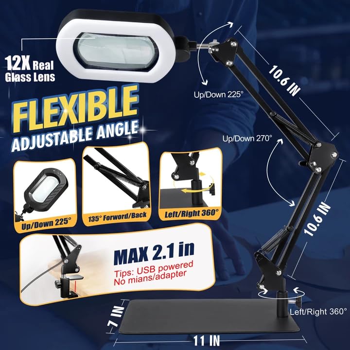 12X Magnifying Glass with Light and Stand, 144 LED Lighted Magnifying Light - color: Black