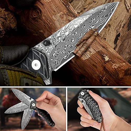AUBEY Damascus Pocket Knife for Men, Forged 2.95" Damascus Steel Blade DMHY