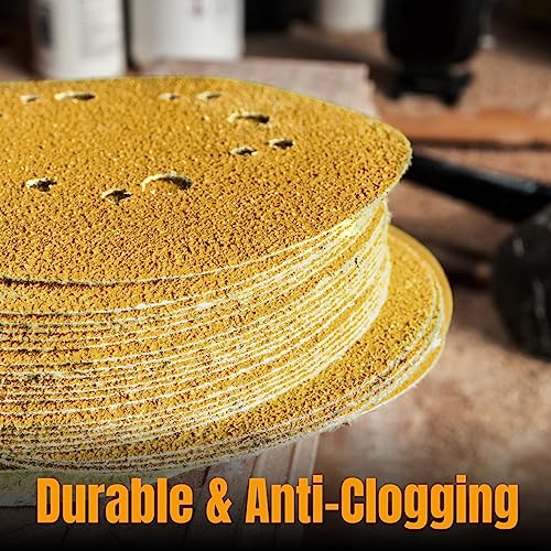 POWERTEC 50 PCS 320 Grit - 5 Inch 8 Hole Hook and Loop Sanding Discs, 5" Sanding Pads for Automotive, Drywall, Woodworking with Orbital Sander, DA Sander, Air Sander (44032G-50)