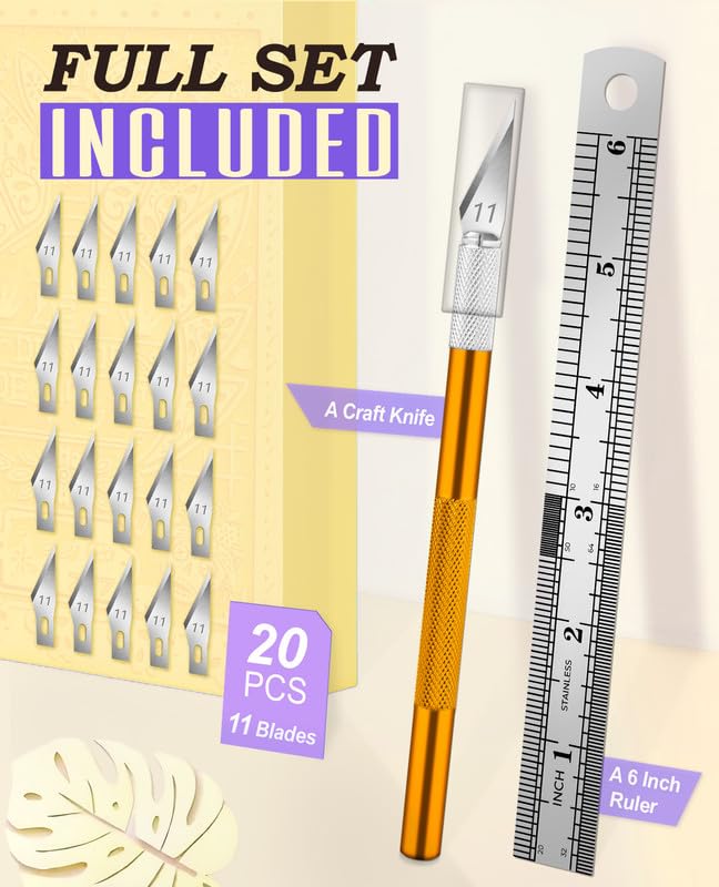 DIYSELF Craft Knife Set with 20#11 Exacto Knife Blades, 6" Metal Ruler - color: Gold-20pcs