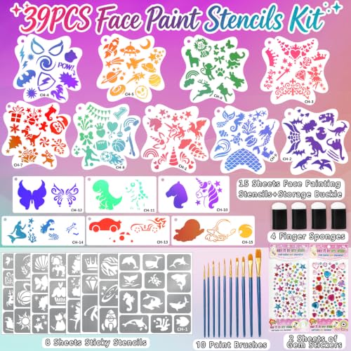 39PCS Face Paint Stencils Kit Includes 15 Reusable Facial Painting Stencils, 8 Sheets Tattoo Stencil Stickers, 10 Brushes, 2 Pack Adhesive Gems, 4 Sponge for Halloween Birthday Carnival Party Makeup - color: Party