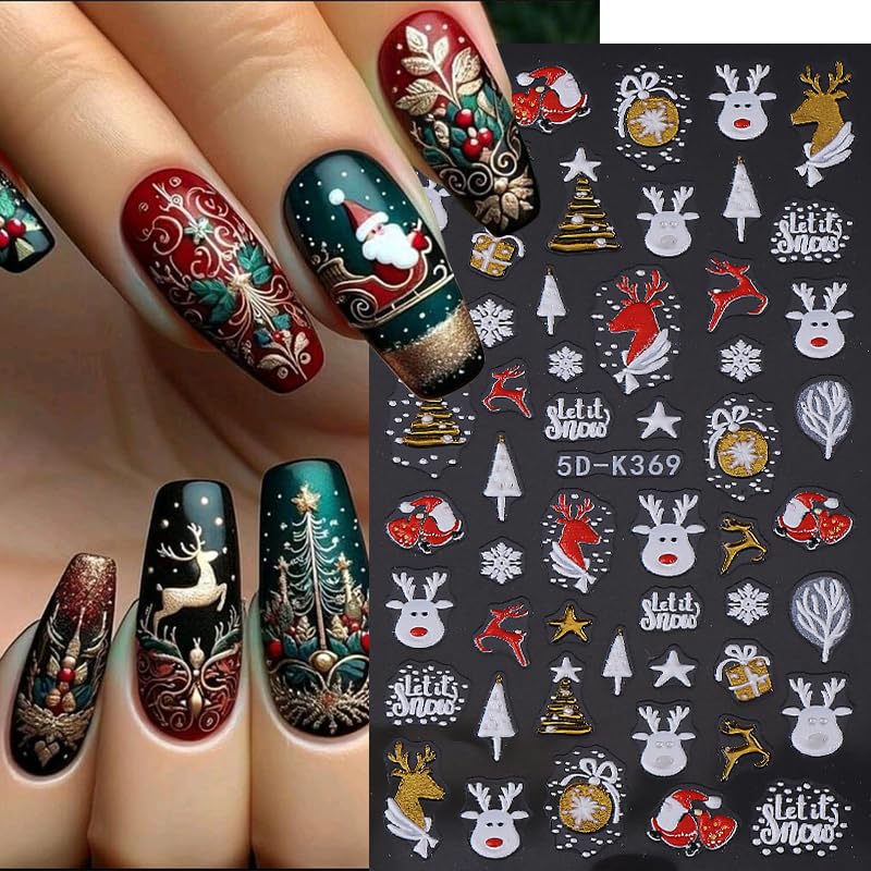 3 Sheets Christmas Nail Stickers for Nail Art, 5D Self-Adhesive Nail Decals - color: Christmas C