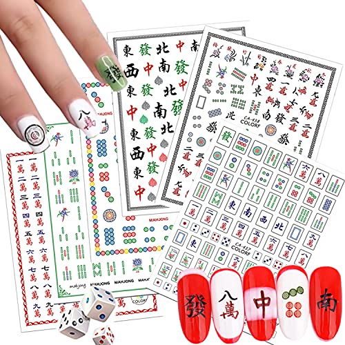 Funny Mahjong Nail Art Stickers - Chinese Playing Cards Game Design, 3D Decals, Luck Nail Art Supplies (6 Sheets) - style: Mahjong