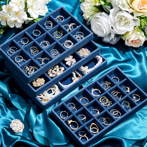 Junkin 12 Pcs Velvet Jewelry Organizer Tray, Stackable Storage - color: Peacock Blue