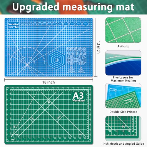 WORKLION 12" x 18" Art Self Healing PVC Cutting Mat, Double Sided, Gridded Rotary Cutting Board for Craft, Fabric, Quilting, Sewing, Scrapbooking Project…… - color: A3: Green/Blue, size: 18"L x 12"W