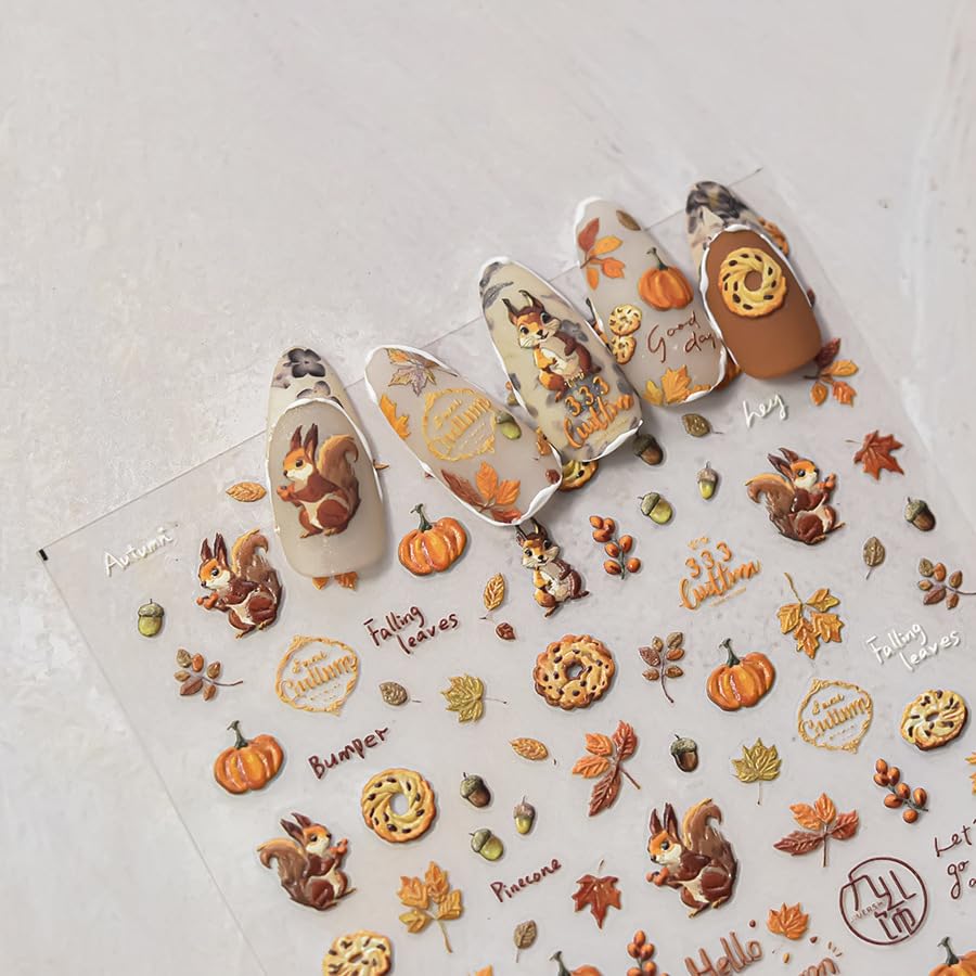1 Sheet Fall Nail Stickers 5D Self Adhesive Maple Leaves Pumpkin Nail Decals 5D Embossed Autumn Thanksgiving Day Nut Fox Nail Design Biscuit Nails Supplies Fall Autumn Leaf Nail Sticker for Women - color: Pumpkin Maple Leaves
