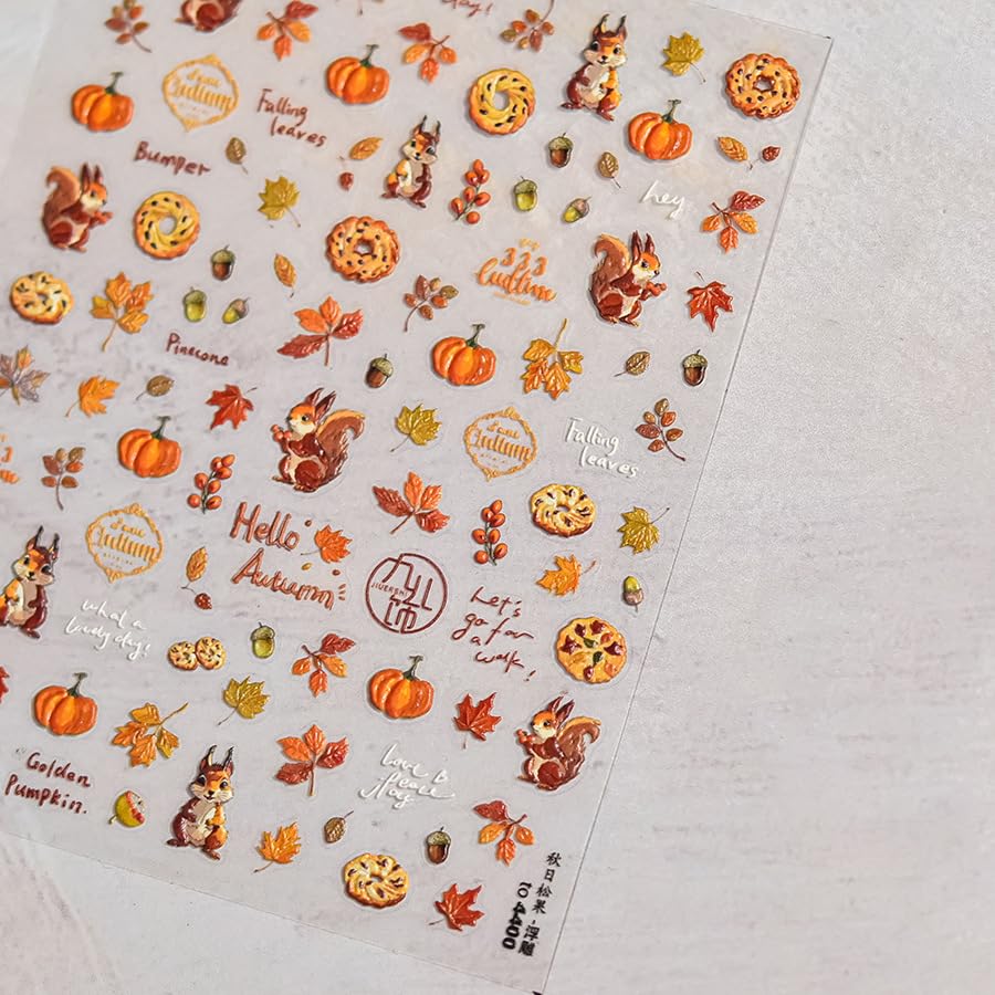 1 Sheet Fall Nail Stickers 5D Self Adhesive Maple Leaves Pumpkin Nail Decals 5D Embossed Autumn Thanksgiving Day Nut Fox Nail Design Biscuit Nails Supplies Fall Autumn Leaf Nail Sticker for Women - color: Pumpkin Maple Leaves