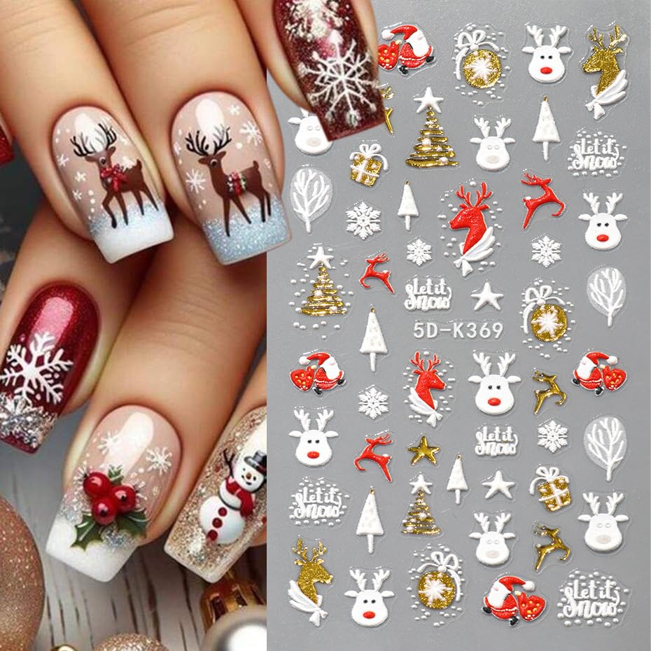 3 Sheets Christmas Nail Stickers for Nail Art, 5D Self-Adhesive Nail Decals - color: Christmas C