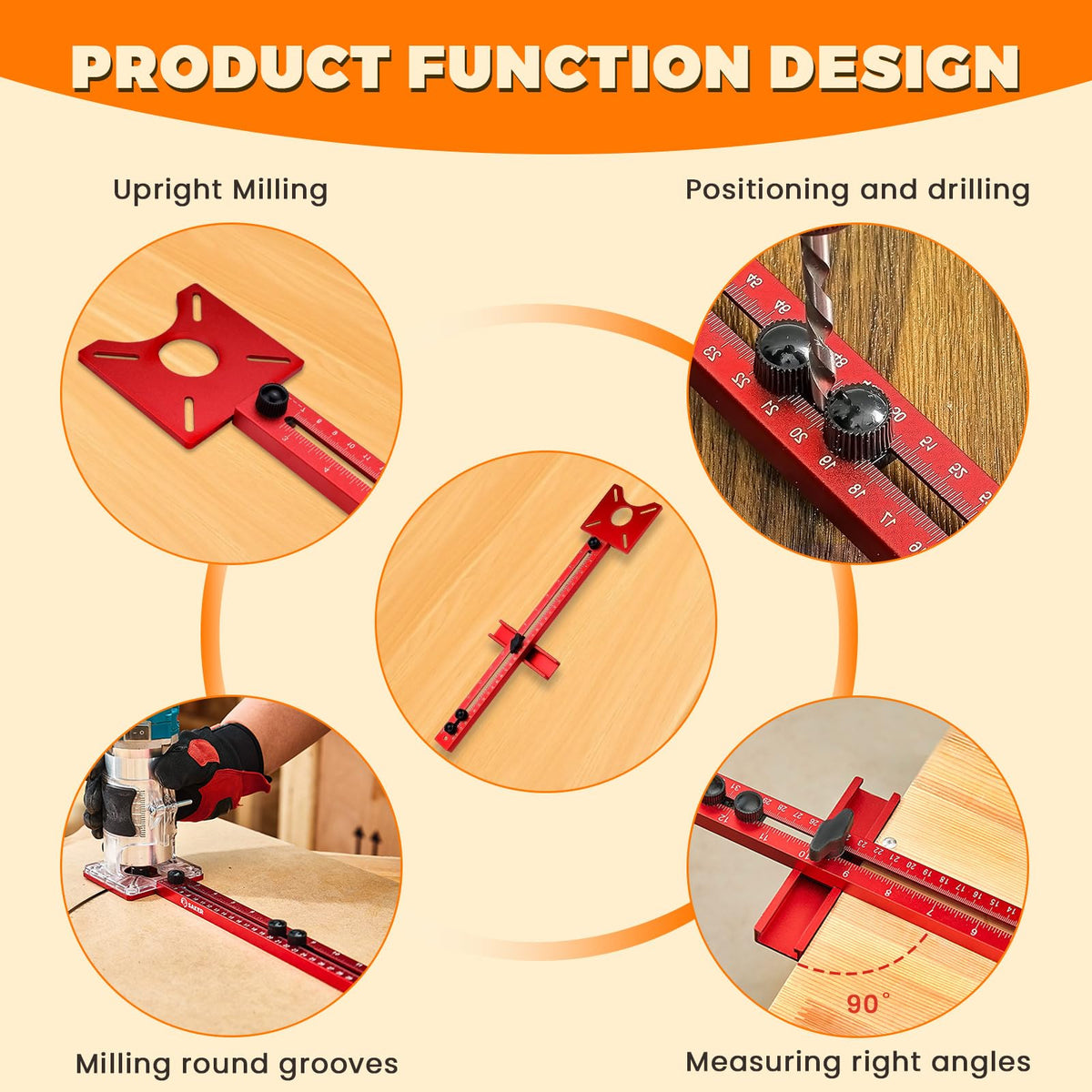 Multifunctional 4 in 1 Red Router Milling Groove Bracket, Aluminum Alloy Circle Cutting Jig, Adjustable Router Tool Circle Jig Cutting Guide for Woodworking (Extension)